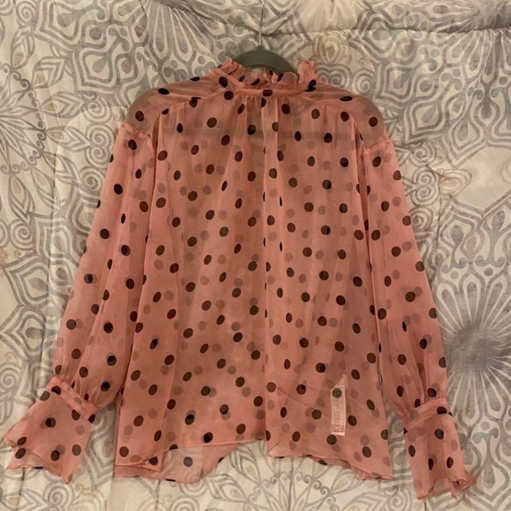 medium sheer pink blouse with black polka dots.